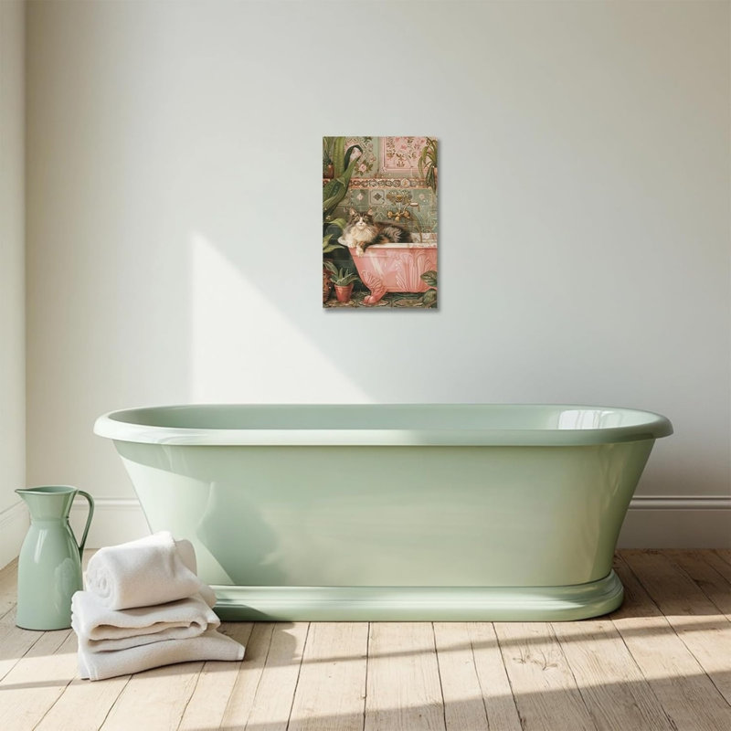 Chat qui trempe dans une baignoire, art mural sans cadre 12 po x 18 po