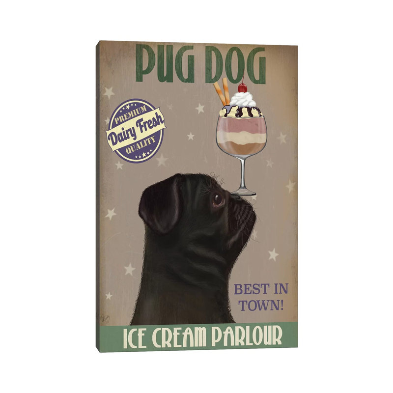 Pug, Black, Ice Cream by Fab Funky - Wrapped Canvas Print, 152.5 cm H x 101.5 cm W