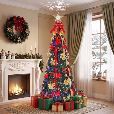 Arbre de Noël artificiel pré-éclairé Pop-Up, sapin mince pliable avec 200 lumières DEL et housse de projecteur en forme d'étoile, installation facile et pliable, décoration intérieure des Fêtes - rouge et vert - 180 cm (6 pi)