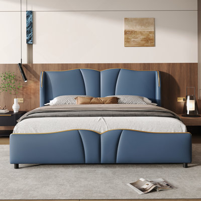 Cadre de lit tapissier en cuir grand format, cadre de lit moderne avec tête de lit à oreilles, lit plateforme tapissier avec pied de lit ondulé, sans sommier, bleu antique