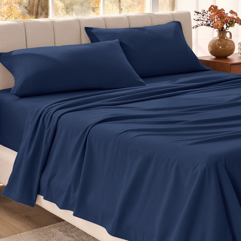 Ensemble de draps en flanelle 100% coton biologique, Ensemble de draps pour lit double, Bleu très foncé