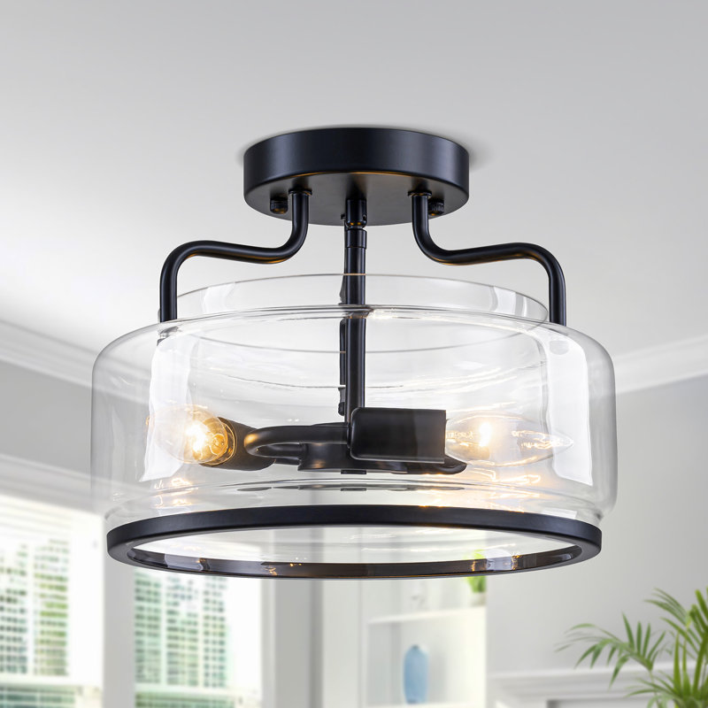 3-Light Industrial Metal And Clear Glass Drum Semi Flush Mount Ceiling Light