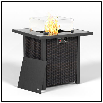 Élégante table de foyer d'extérieur au propane de 28 pouces, aspect rotin et osier, foyer en verre trempé au gaz de 50000 BTU avec pare-brise en verre pour l'extérieur du patio et du jardin (brun)