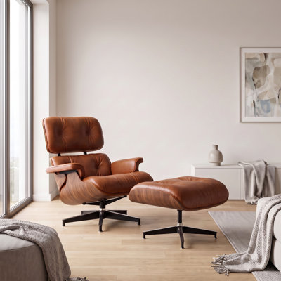Mid-Century Top Grain Leather Swivel Lounge Chair with Ottoman, Solid Wood Shell and Aluminum Base for Living Room and Office