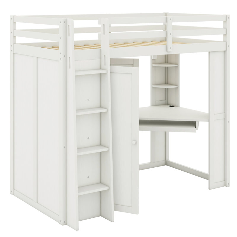 Lit mezzanine polyvalent avec garde-robe de rangement, bureau avec plateau à clavier coulissant et station de charge