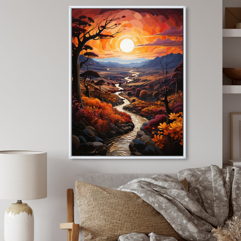 «Countryside Crimson Sunset Landscape I», reproduction sur toile, H 20 po x l 12 po x P 1 po, Cadre flottant blanc