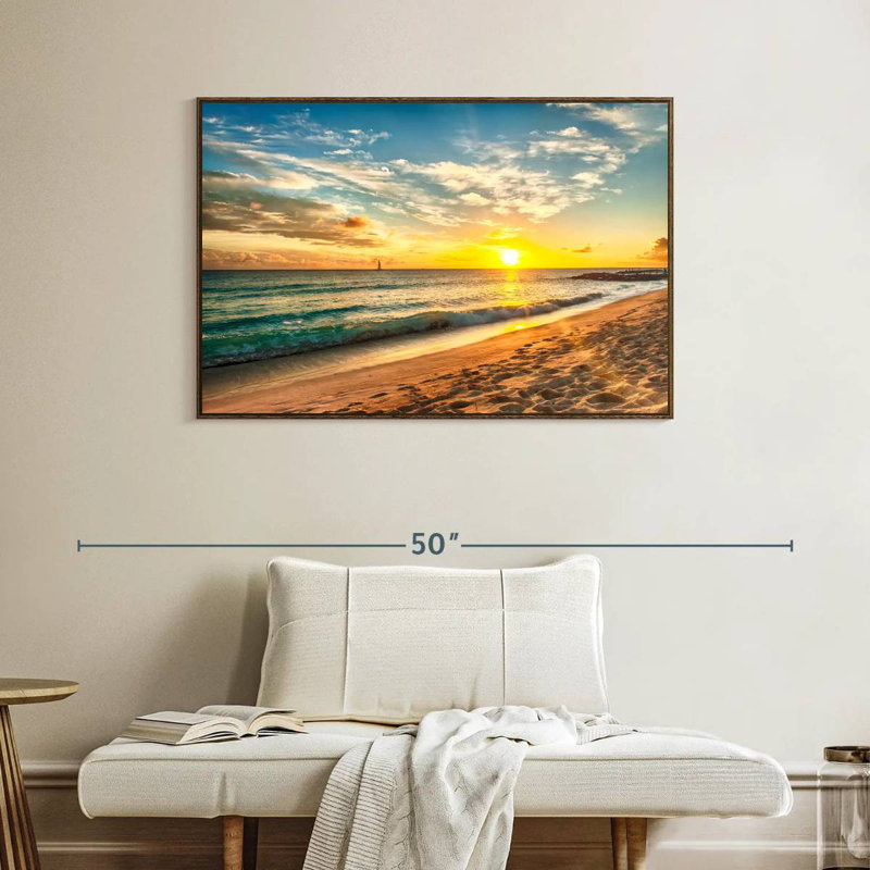 Senne de la Barbade, coucher de soleil, Cadre flottant en noyer, 40 po x 27 po
