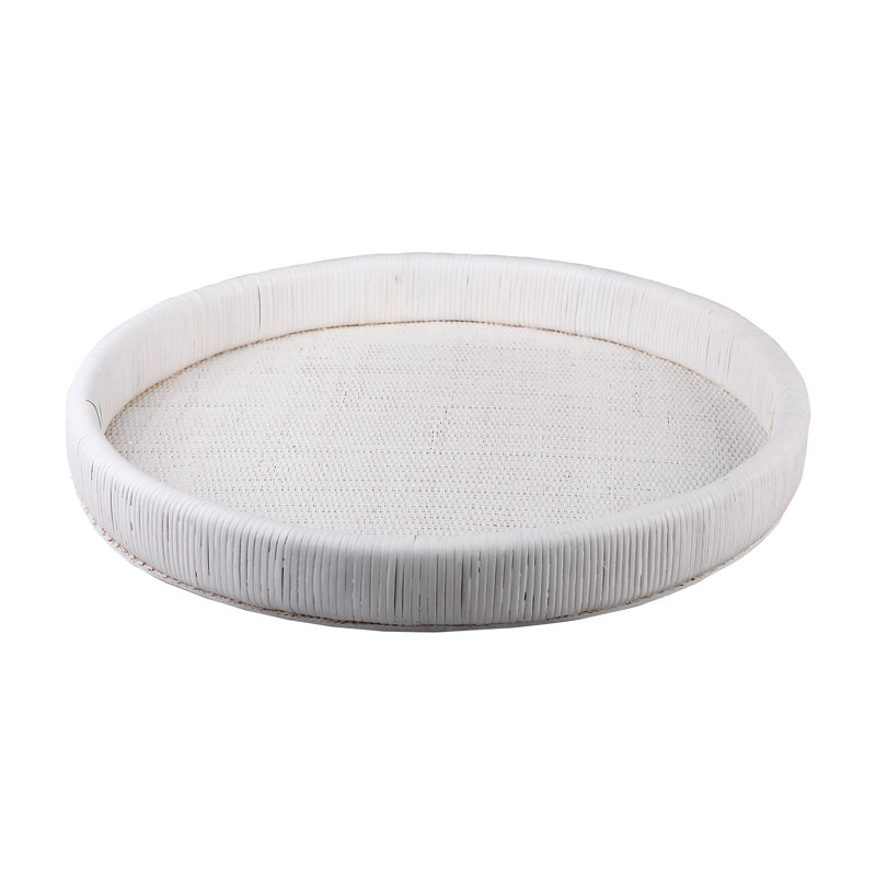 Large White Hand-Wrapped Rattan and Wood Tray