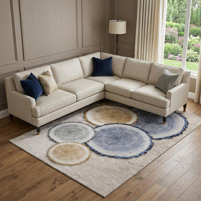 9' X 12' Beige Blue And Ivory Woodland Lodge Washable Area Rug With UV Protection