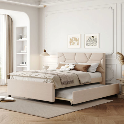Lit plateforme double tapissier avec tête de lit à motif brique et gigogne simple, tissu en lin, beige