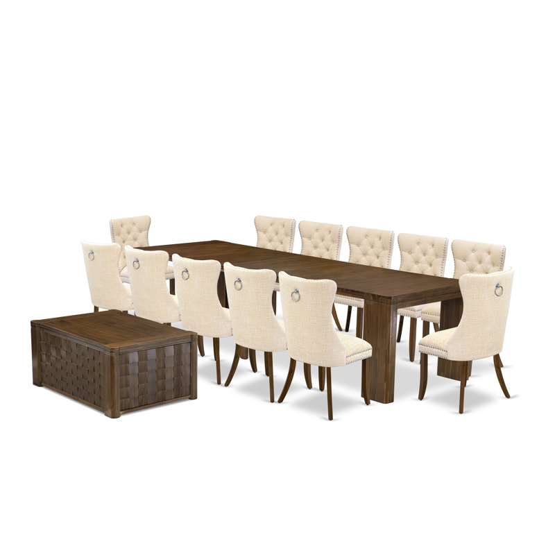 13 Pieces Extendable Dining Set Includes a Rectangle Table and 12 Light Beige Polyester fabric Dining Chairs, Antique Walnut