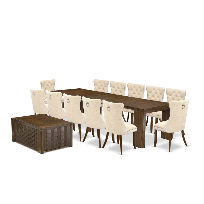 14 Pieces Extendable Dining Set Includes a Rectangle Xtenczar Table, 1 Coffee Table and 12 Light Beige Polyester Dining Chairs, Antique Walnut