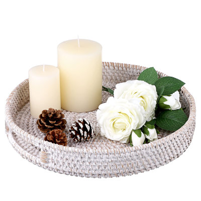 Plateau de service rond en rotin avec poignées, plateau de rangement décoratif tissé à la main