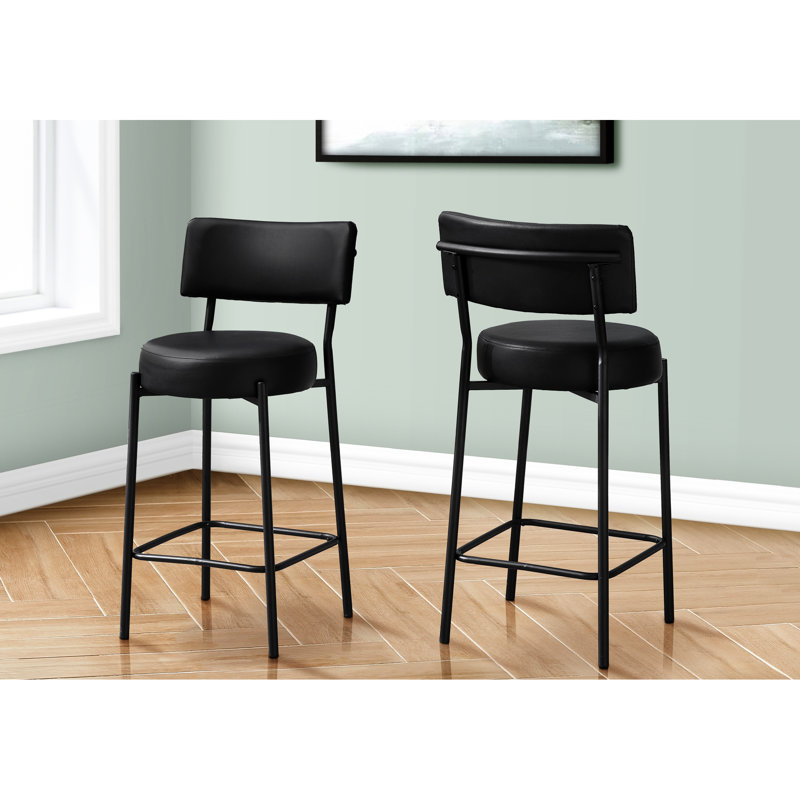 Kitchen Of 2 With Counter Height And Black Leather Look Upholstery, Contemporary Design Aesthetic, Curved Padded Back For Comfort, Thick Round Foam Cushion Seat, Metal Legs Footrest, 18 In. X 36.71