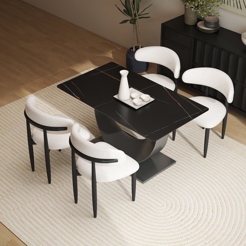 Juvan Modern Sintered Stone Dining Set, 29.21" H x 55.11" W x 31.5" D, 5 Pieces: Table, 4 Chairs, Black/Black