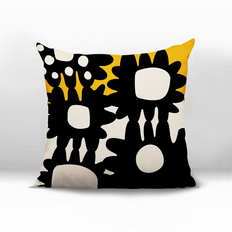 Oreiller carré intérieur / extérieur réversible Dunn, H 15 po x l 15 po, Jaune / noir / blanc cassé abstrait