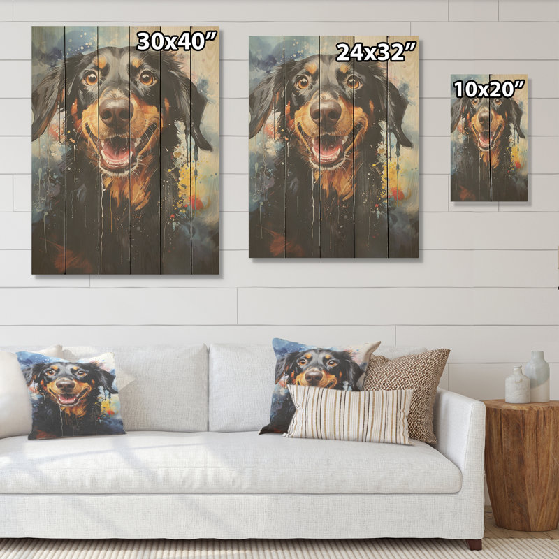 Dachshund Delight - Chien, art mural sur bois de pin naturel, H 40 po x l 30 po
