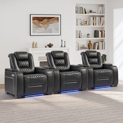 Siège de cinéma inclinable électrique de 38 po de large en similicuir avec appui-tête électrique, éclairage à DEL, porte-gobelets et recharge USB (ensemble de 3)