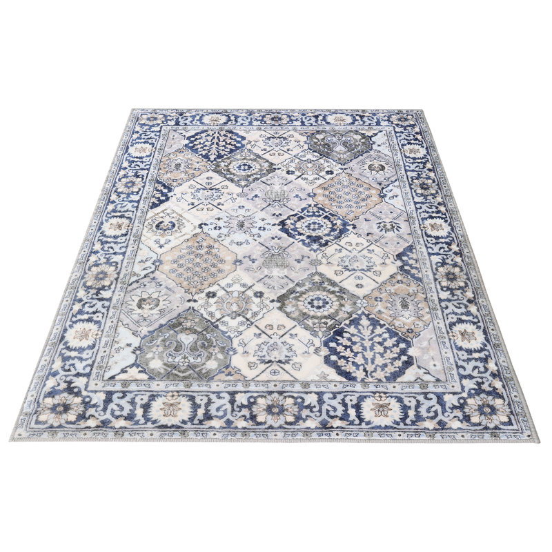 8'x10' Vintage Distressed Pattern Washable Area Rug. Non-Slip Low Pile Pearl Velvet Carpet for Living Room. Ivory Blue, Blue