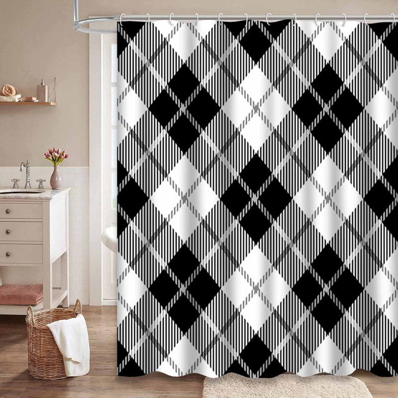 Rideau de douche sans couture à carreaux noir avec 12 crochets, L 72 po x l 78 po