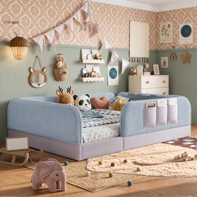 Lit de sol doux pour enfants avec rails de sécurité, cadre de lit de jour rembourré en peluche pour tout-petit Kids