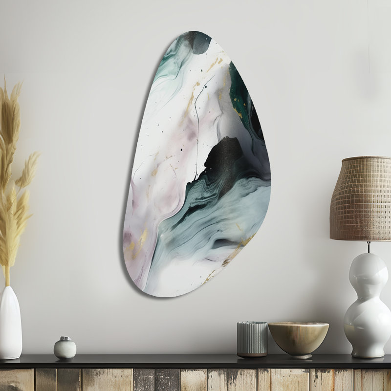 Green And White Contemplative Abstraction II - Asymmetrical Abstract Marble Metal Wall Decor, Irregular Shape Metal Wall Sculpture Print
