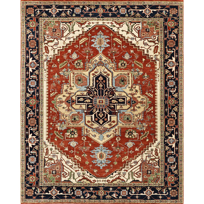 High-Quality Hand-Knotted Red And Blue Area Rug, Rectangle 10' x 14'