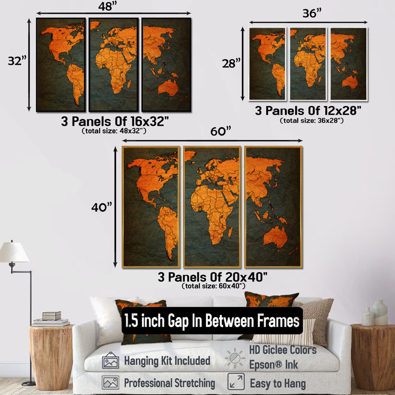 Ancienne carte du monde en Afrique - 3 pièces sur toile, cadre flottant, H 40 po x l 60 po, Argent