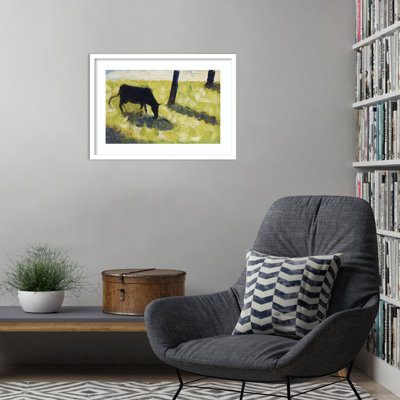 «Black Cow in a Meadow» par Georges Seurat, reproduction d'art encadrée sur bois