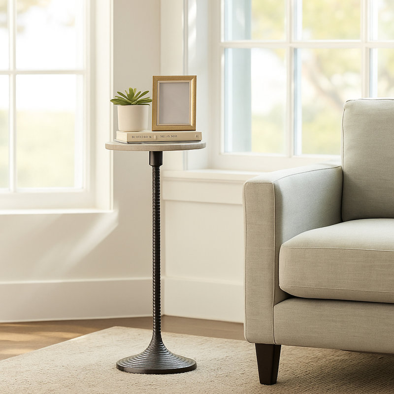 Jackins Decorative Marble Drink Accent Table With Pedestal Metal Base - Contemporary Narrow Round Side Table Or Living Room End Tables - 26"