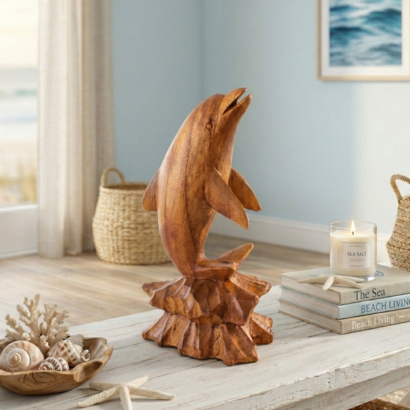 Sculpture Brecia sculptée à la main en forme de dauphin sur une statue de corail Figurine décorative faite à la main en bord de mer