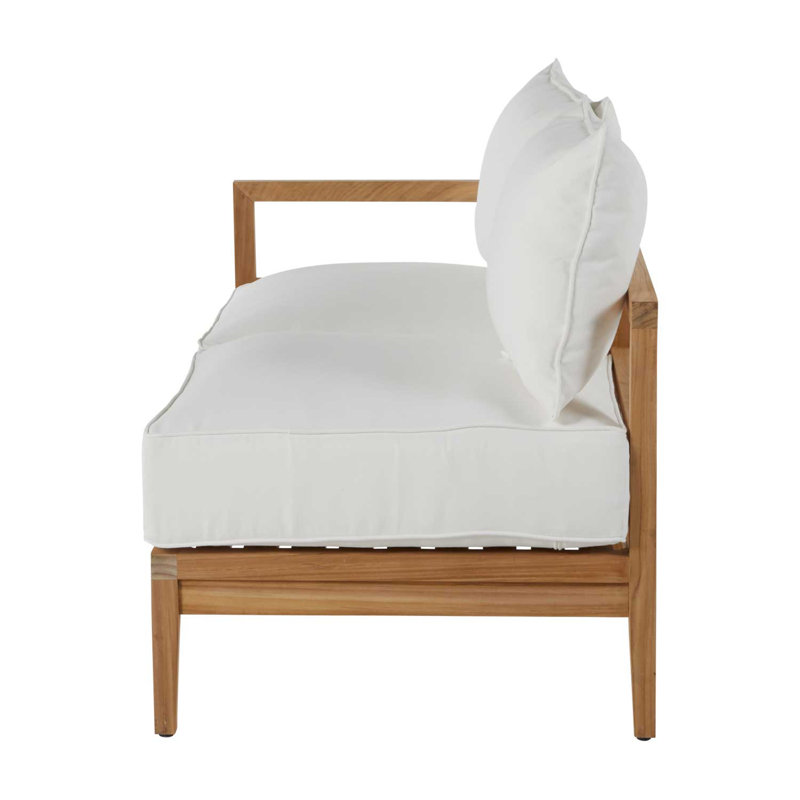 Santa Barbara 57.5" Wide Teak Loveseat with Cushions, Rollo Lace InsideOut® Linen, Natural Teak, Welt + Standard fill