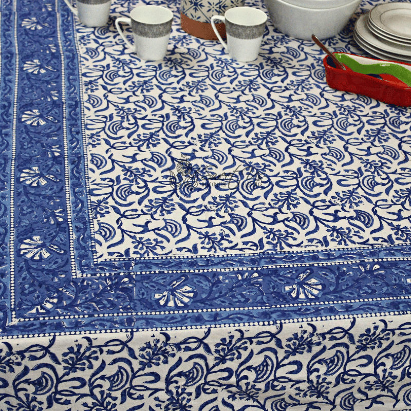 Cotton Block Print Floral Tablecloth Rectangle Blue White, 106" x 106"