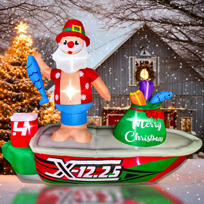 BLOWOUT FUN 8ft Inflatable Christmas Santa Claus Standing on a Fishing Boat with Gift Bag Lighted Blow Up Decortion, LED Blow Up Lighted Decor Indoor Outdoor Holiday Decor
