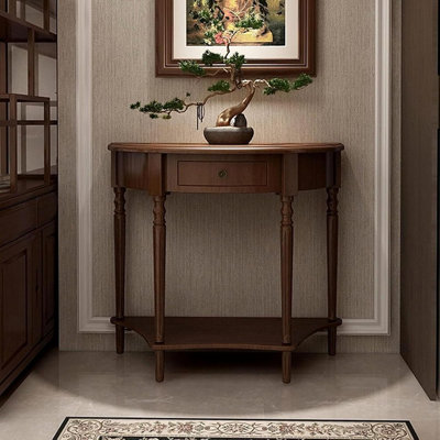 Solid Wood Half Moon Console Table with Drawer and Storage Shelf, Vintage Semi-Circle Entryway Table, Walnut