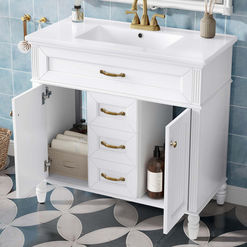 Meuble-lavabo 36 po avec lavabo et meuble-lavabo autoportant 36 po avec lavabo en céramique, Blanc