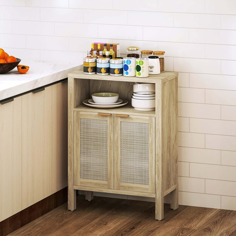 Buffet d'appoint naturel moderne, armoire de rangement à 2 portes avec tablettes réglables, armoire à café polyvalente