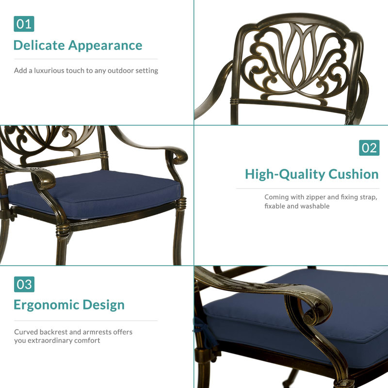 4 - Person Patio Dining Set with Square Table , Cushions Included, Bronze, Navy Blue