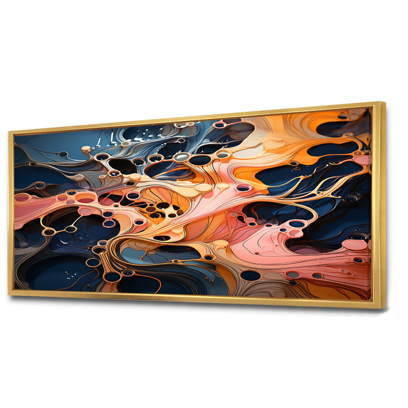 Encre rose et orange, vagues, mélodie - encre liquide, art mural abstrait, Cadre flottant doré, H 28 po x l 60 po x P 1,5 po