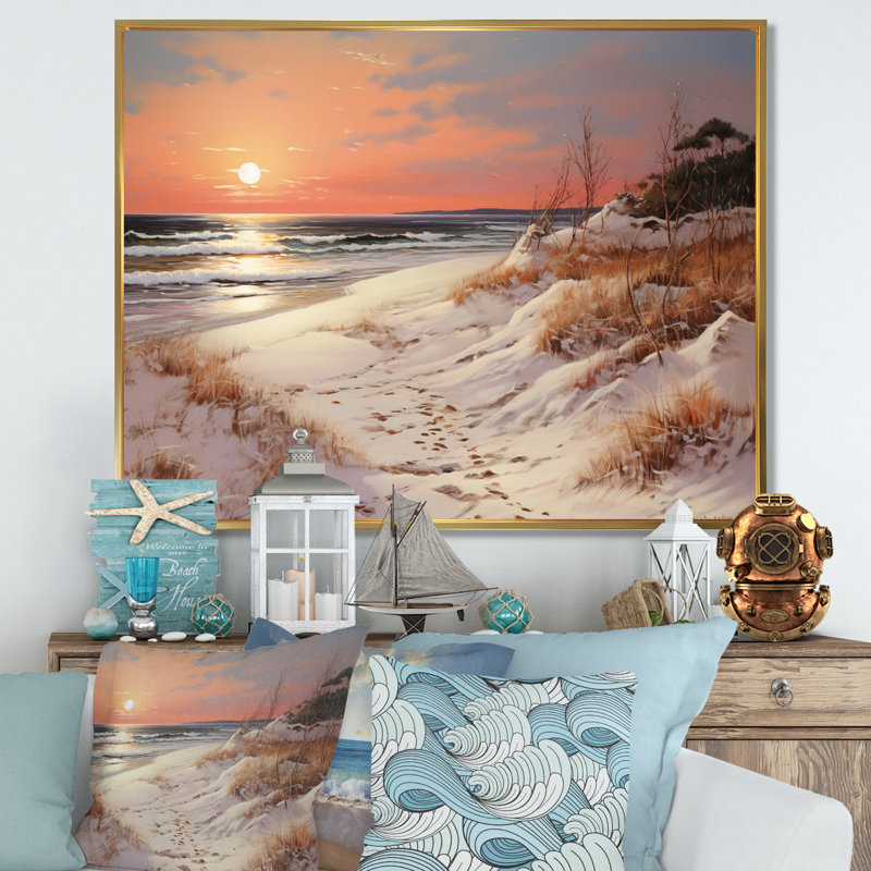 Beach Winterscene Warm Pastel Sunset - Art mural sur toile plage, H 12 po x l 20 po, Cadre flottant doré