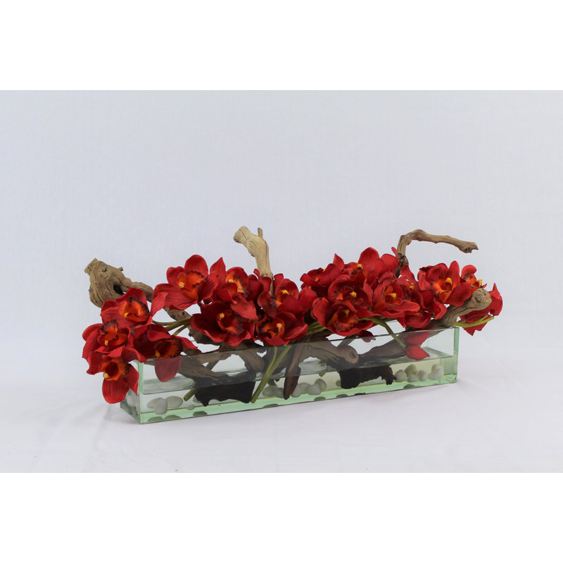 Centre de table orchidée Driftwood Cymbidium, H 16 po x l 24 po x P 4 po, Rouge