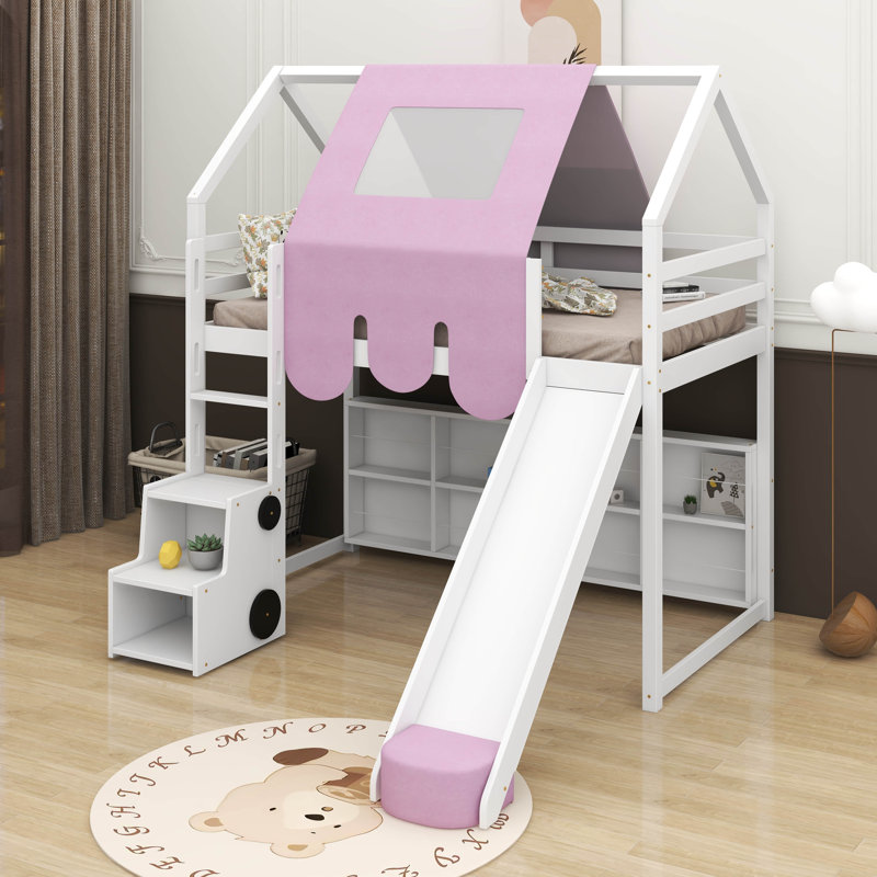Lit mezzanine simple en bois avec tente, Blanc / rose