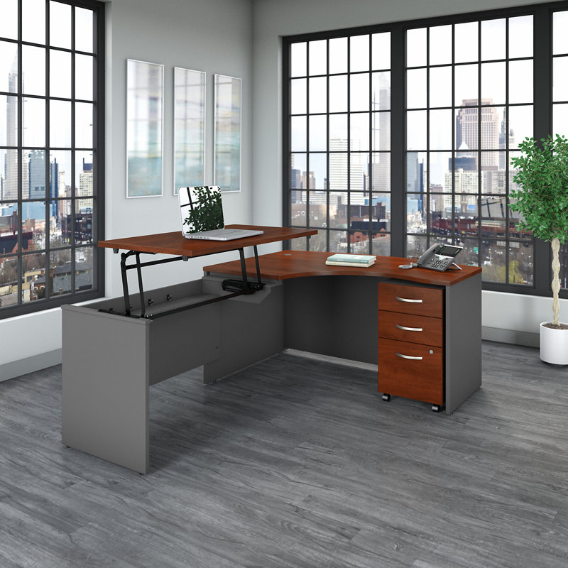 Series C 60W x 43D 3 Position Sit to Stand L Shaped Desk with Mobile File Cabinet, Hansen Cherry/Graphite Gray, Left