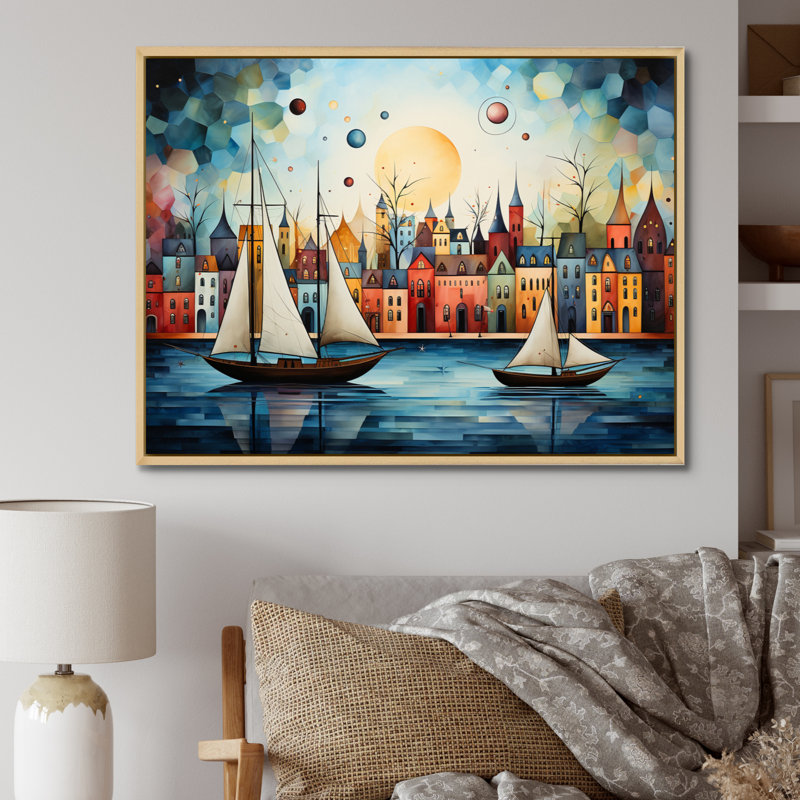 Muirfield Boat Whimsical Sailings II sur impression sur toile, H 16 po x l 32 po x P 1 po, Cadre naturel flottant