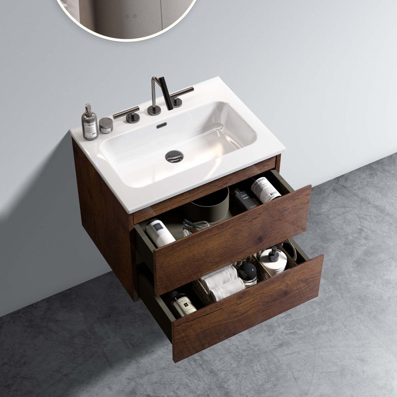 Meuble-lavabo mural moderne sans drain avec lavabo en céramique avec 3 trous de robinet sans drain H 21,1 po x l 24 po x P 18,3 po