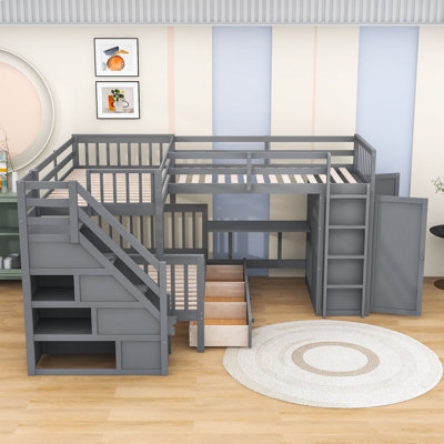 3 Drawers Twin-Twin Over Full L-Shaped Wood Bunk Bed With Desk, Wardrobe, And Safety Features -  Harriet Bee, 42DD5A3C0DCE4108BF3D6B2769EA4981