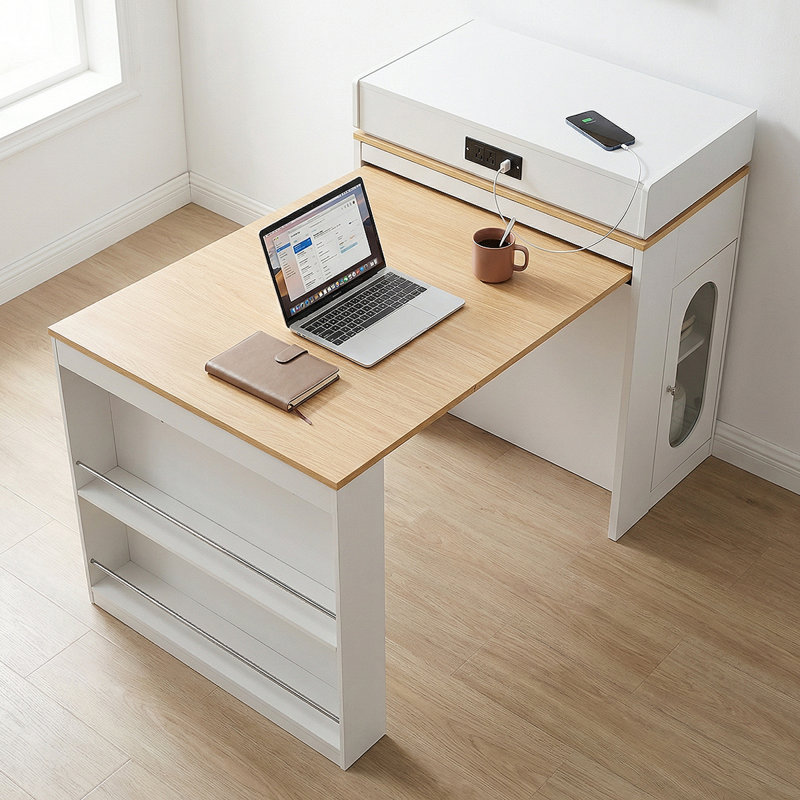 Foldable Dining Table With Hidden Casters&Multi-Port Power Socket - Versatile Kitchen Island Solution, White