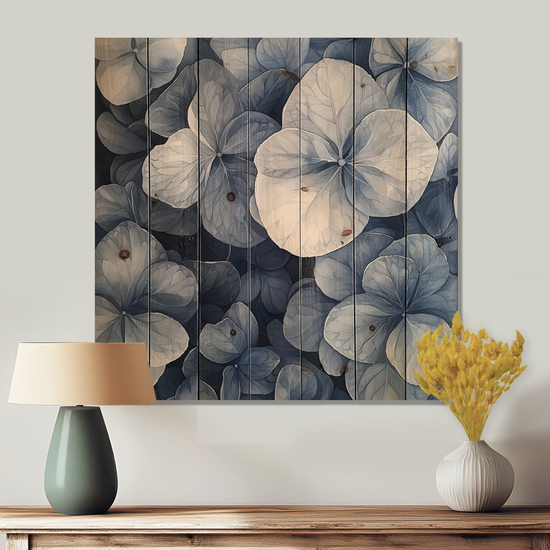 Hydrangea Cluster With Blue Petals II - Hydrangea Wood Wall Art - On Natural Pine Wood, 15" H x 15" W x 0.78" D