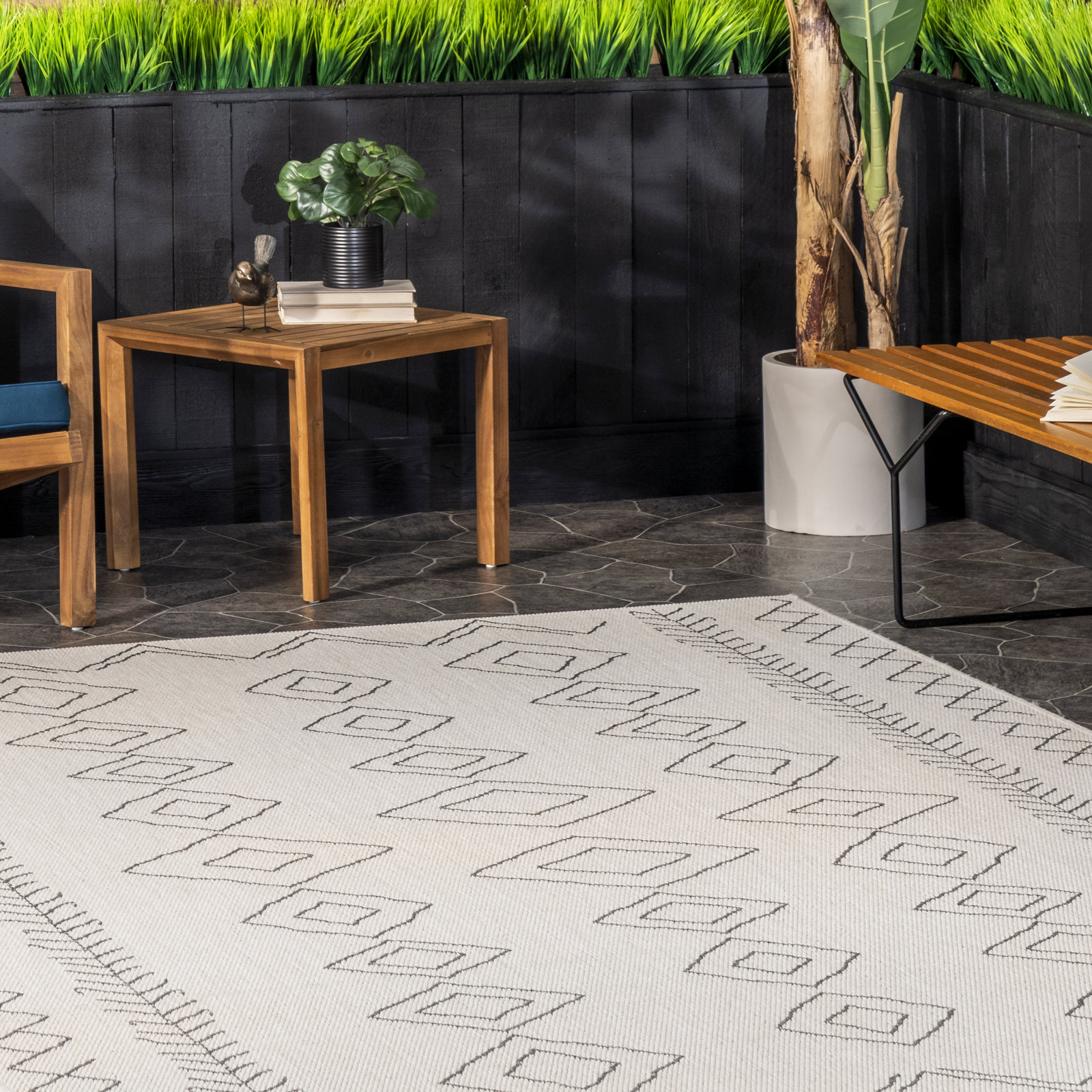 Union Rustic Ivory Dark Grey Outdoor Moroccan Rug, Square 6'