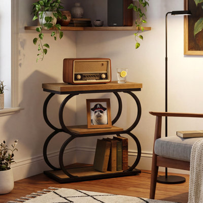 3-Tier Narrow Modern End Side Table with Storage and Geometric Metal Frame, Industrial Tall Nightstand for Bedroom, Small Spaces, Rustic Brown